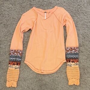 Free People Peach Long Sleeve Top with Patterned Sleeves